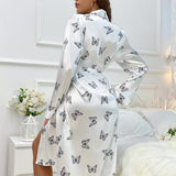Womens Long Butterfly Print Silk Robes 100% Silk Bathrobe White XS