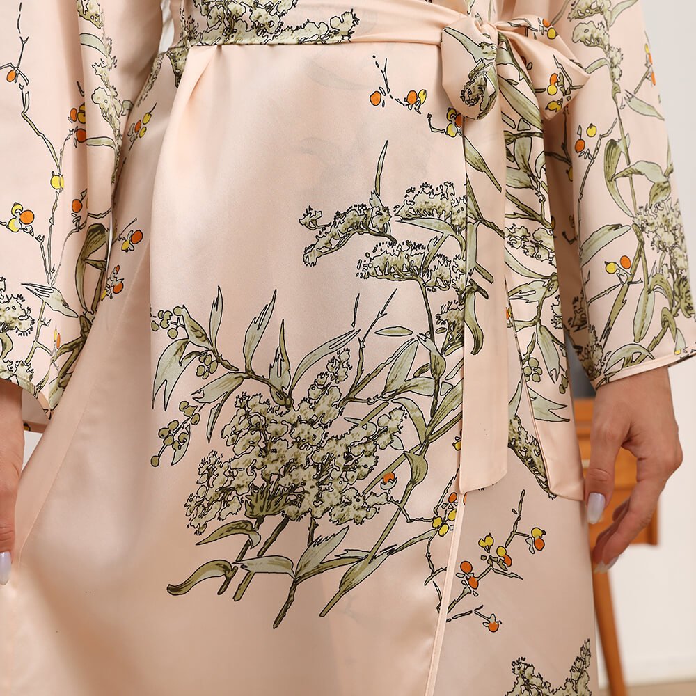 Womens Long Silk Robes Flower Print 100% Silk Bathrobe Champagne XS