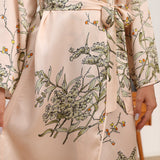 Womens Long Silk Robes Flower Print 100% Silk Bathrobe Champagne XS