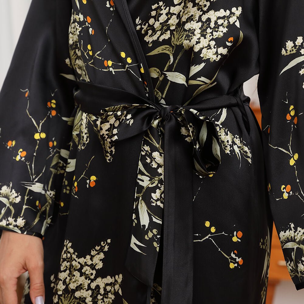 Womens Long Silk Robes Flower Print 100% Silk Bathrobe Black XS