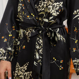 Womens Long Silk Robes Flower Print 100% Silk Bathrobe Black XS