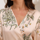 Womens Long Silk Robes Flower Print 100% Silk Bathrobe Champagne XS