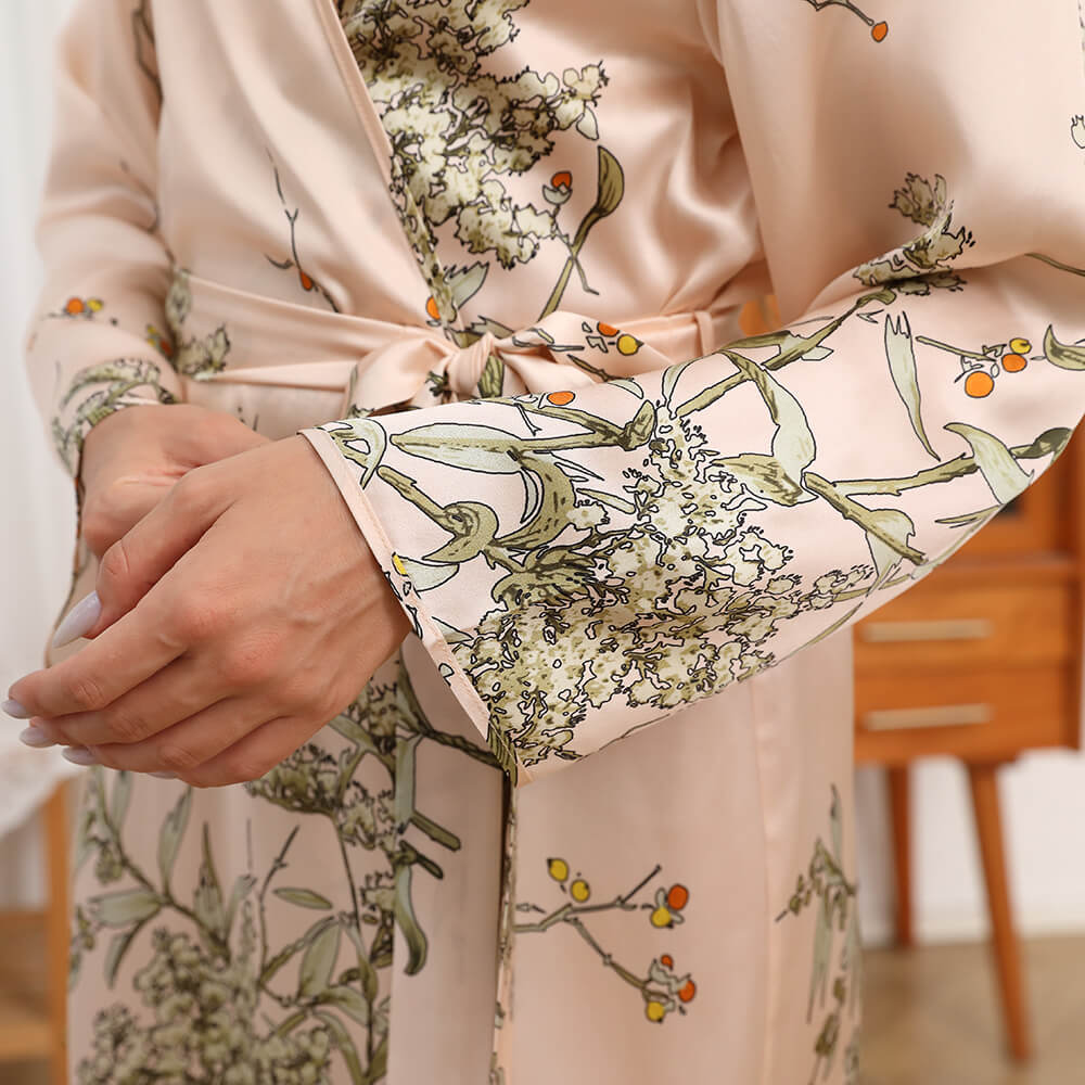 Womens Long Silk Robes Flower Print 100% Silk Bathrobe Champagne XS