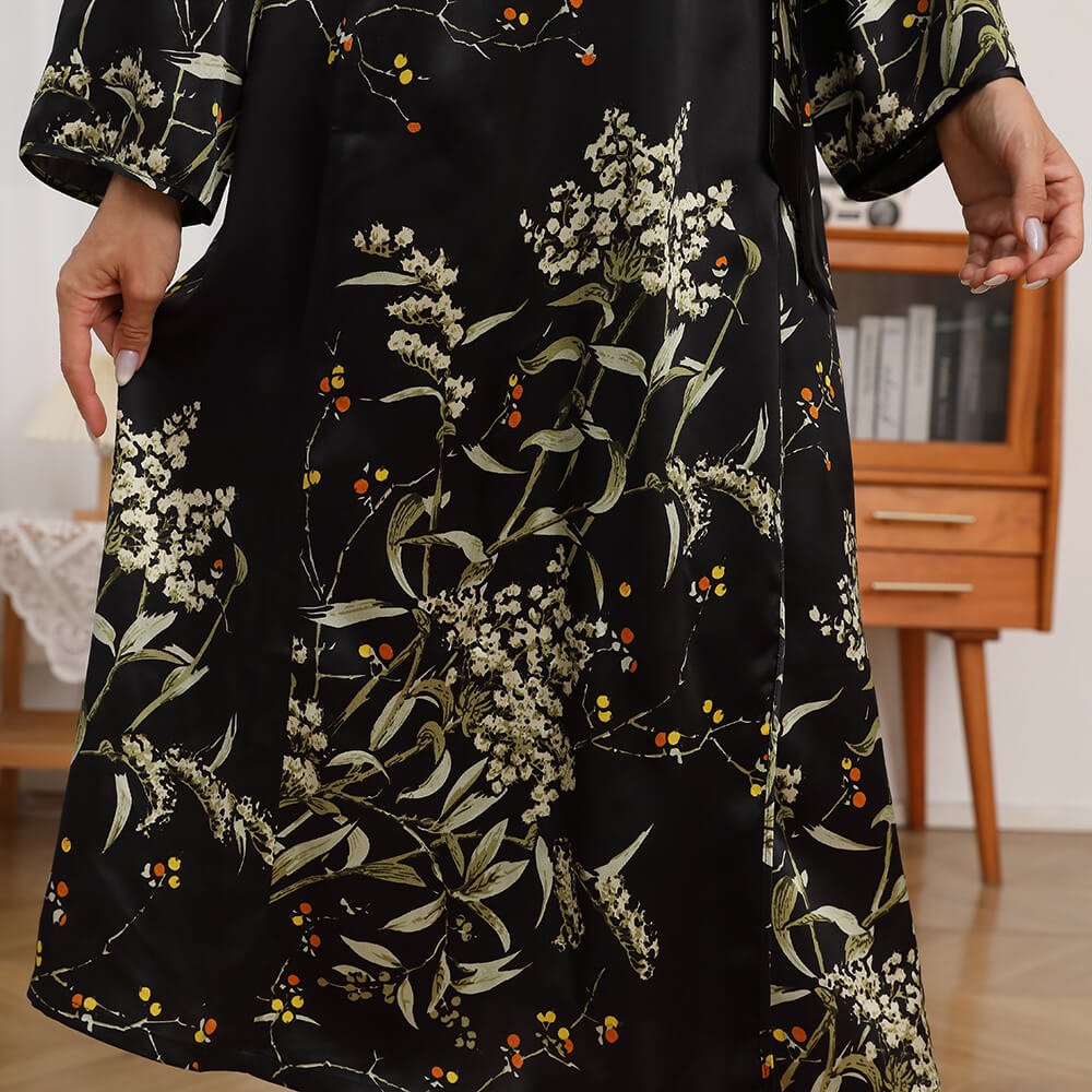 Womens Long Silk Robes Flower Print 100% Silk Bathrobe Black XS