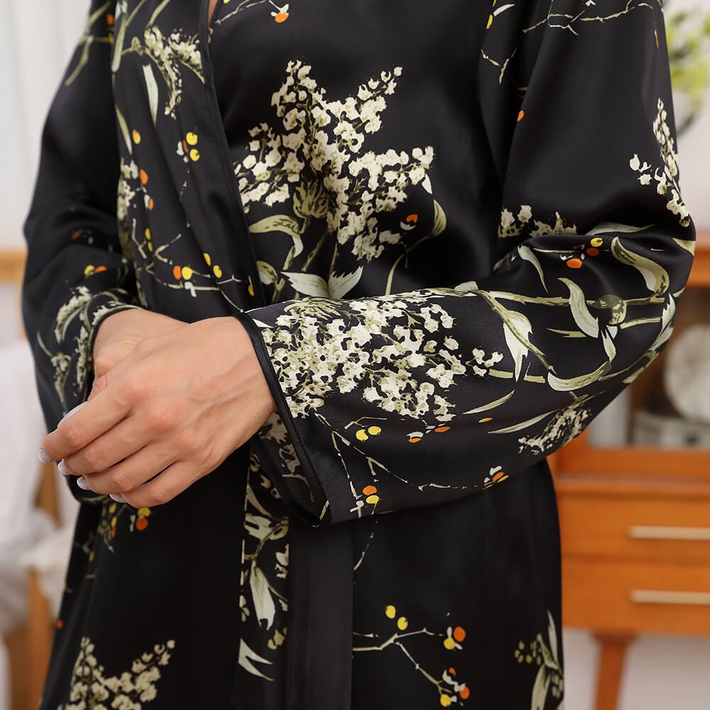Womens Long Silk Robes Flower Print 100% Silk Bathrobe Black XS