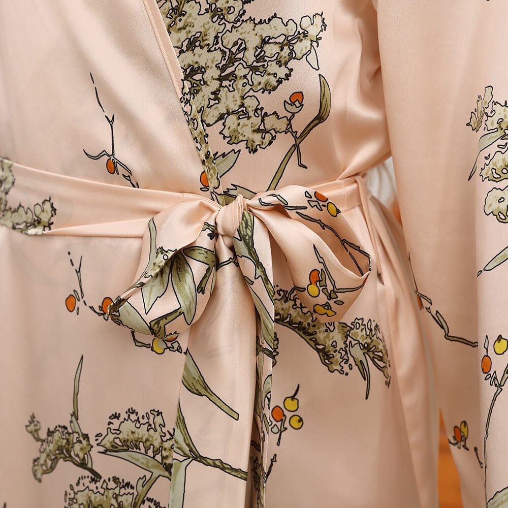 Womens Long Silk Robes Flower Print 100% Silk Bathrobe Champagne XS