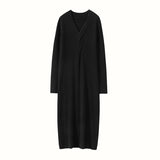 Womens Cashmere Ribbed Knit Midi Dress Long Sleeve V Neck Wrap Dress Black XS