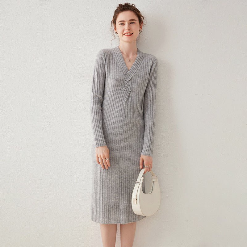 Womens Cashmere Ribbed Knit Midi Dress Long Sleeve V Neck Wrap Dress Gray XS