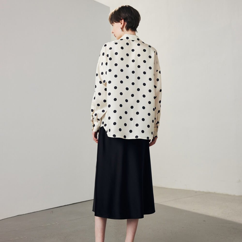 Womens Long Sleeve Silk Shirt Polka Dot Button - Up Silk Blouse Ivory XS