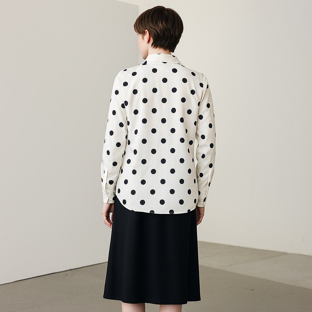 Womens Long Sleeve Silk Shirt Polka Dot Button - Up Silk Blouse Ivory XS