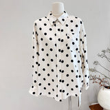Womens Long Sleeve Silk Shirt Polka Dot Button - Up Silk Blouse Ivory XS