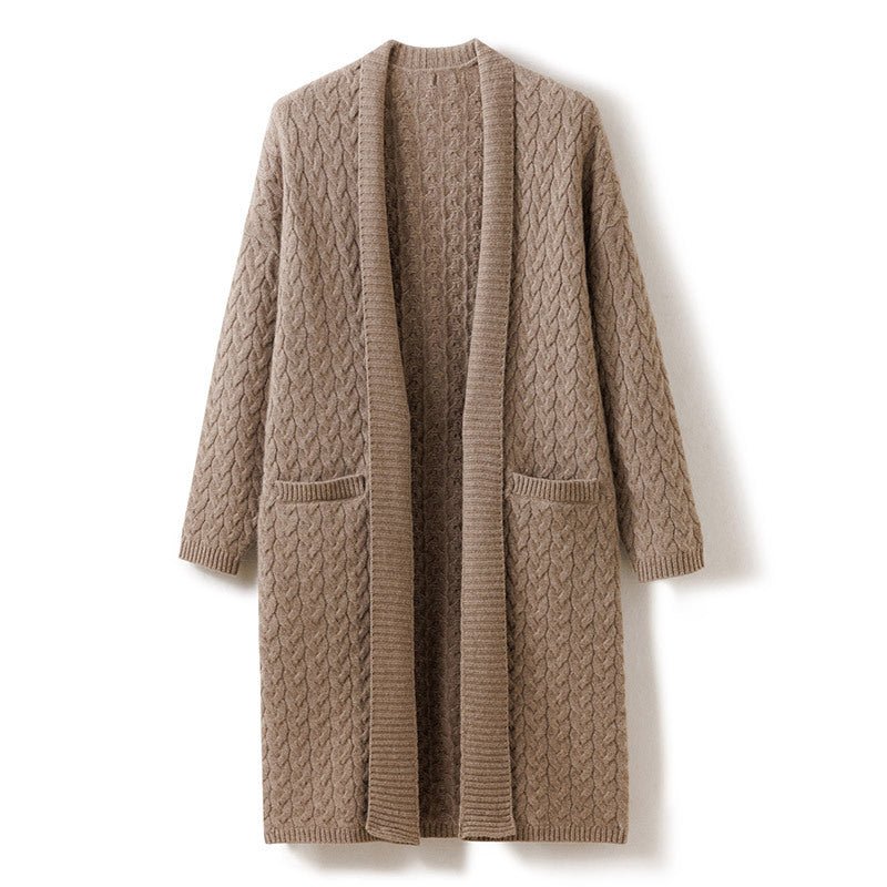 Womens Long Cable Knit Cashmere Cardigan Open Front Coat With Pockets Taupe One size fits most