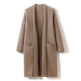 Womens Long Cable Knit Cashmere Cardigan Open Front Coat With Pockets Taupe One size fits most