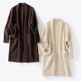 Womens Long Cable Knit Cashmere Cardigan Open Front Coat With Pockets Coffee One size fits most