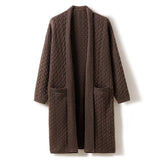 Womens Long Cable Knit Cashmere Cardigan Open Front Coat With Pockets Coffee One size fits most