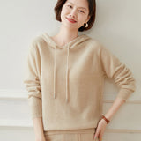 Women Long Sleeve Cashmere Hoodie Knit Cashmere Hoodie With Drawstring Beige XS