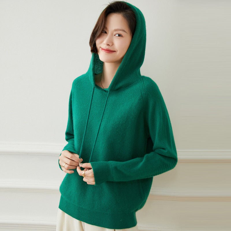 Women Long Sleeve Cashmere Hoodie Knit Cashmere Hoodie With Drawstring Green XS