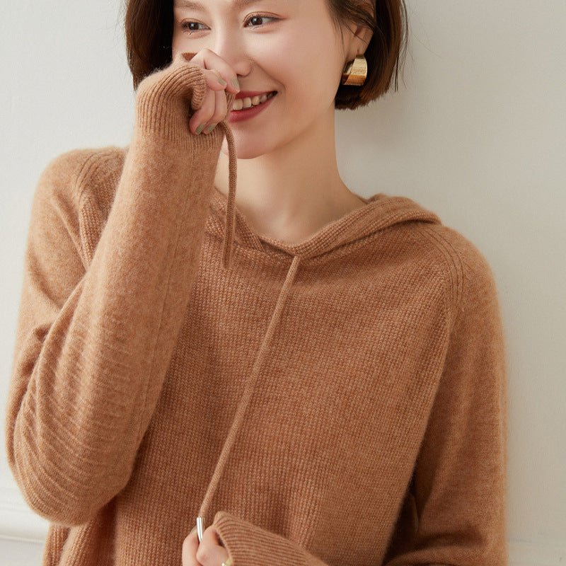 Women Long Sleeve Cashmere Hoodie Knit Cashmere Hoodie With Drawstring Camel XS