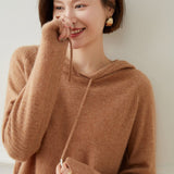 Women Long Sleeve Cashmere Hoodie Knit Cashmere Hoodie With Drawstring Camel XS