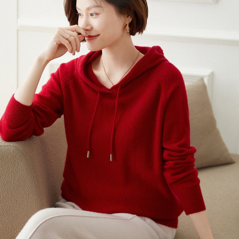 Women Long Sleeve Cashmere Hoodie Knit Cashmere Hoodie With Drawstring Red XS