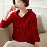 Women Long Sleeve Cashmere Hoodie Knit Cashmere Hoodie With Drawstring Red XS