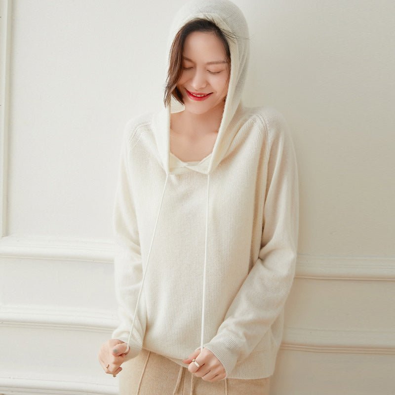 Women Long Sleeve Cashmere Hoodie Knit Cashmere Hoodie With Drawstring Ivory XS