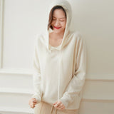 Women Long Sleeve Cashmere Hoodie Knit Cashmere Hoodie With Drawstring Ivory XS