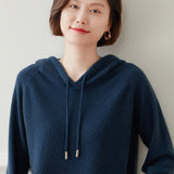 Women Long Sleeve Cashmere Hoodie Knit Cashmere Hoodie With Drawstring Ocean Blue XS