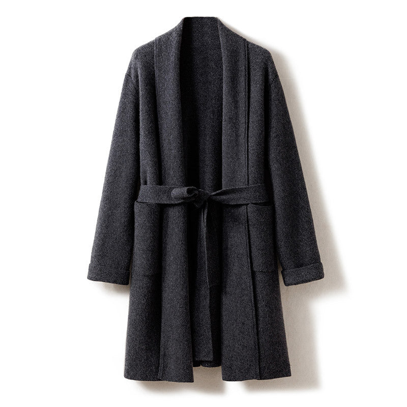 Womens Belted Shawl Collar Cashmere Coat Patch Pockets Long Cardigan Dark Gray XL