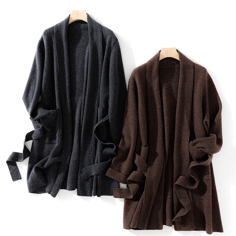 Womens Belted Shawl Collar Cashmere Coat Patch Pockets Long Cardigan Dark Gray XL