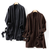 Womens Belted Shawl Collar Cashmere Coat Patch Pockets Long Cardigan Dark Gray XL