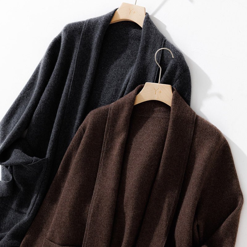 Womens Belted Shawl Collar Cashmere Coat Patch Pockets Long Cardigan Dark Gray XL