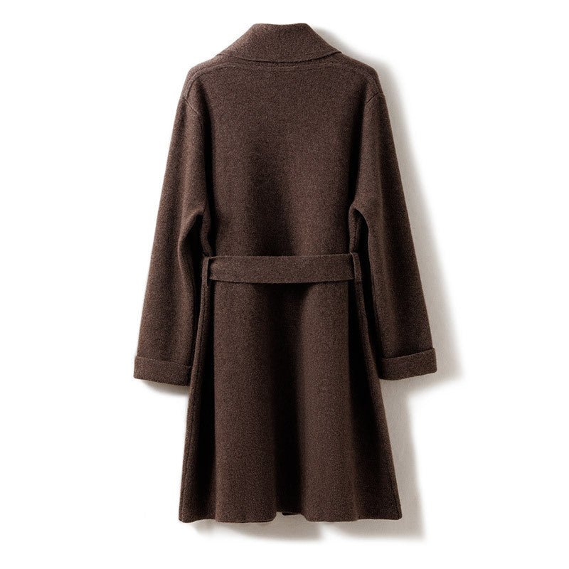 Womens Belted Shawl Collar Cashmere Coat Patch Pockets Long Cardigan Coffee XL