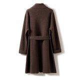 Womens Belted Shawl Collar Cashmere Coat Patch Pockets Long Cardigan Coffee XL