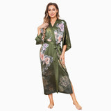 Women's Luxury Peony Floral Print 100% Silk Kimono Robe Green One size fits most