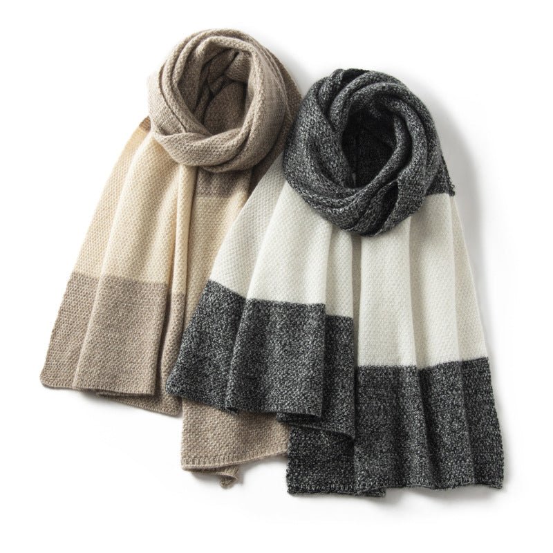Womens Striped Cashmere Scarf With Block Design Long Cashmere Shawl Taupe L