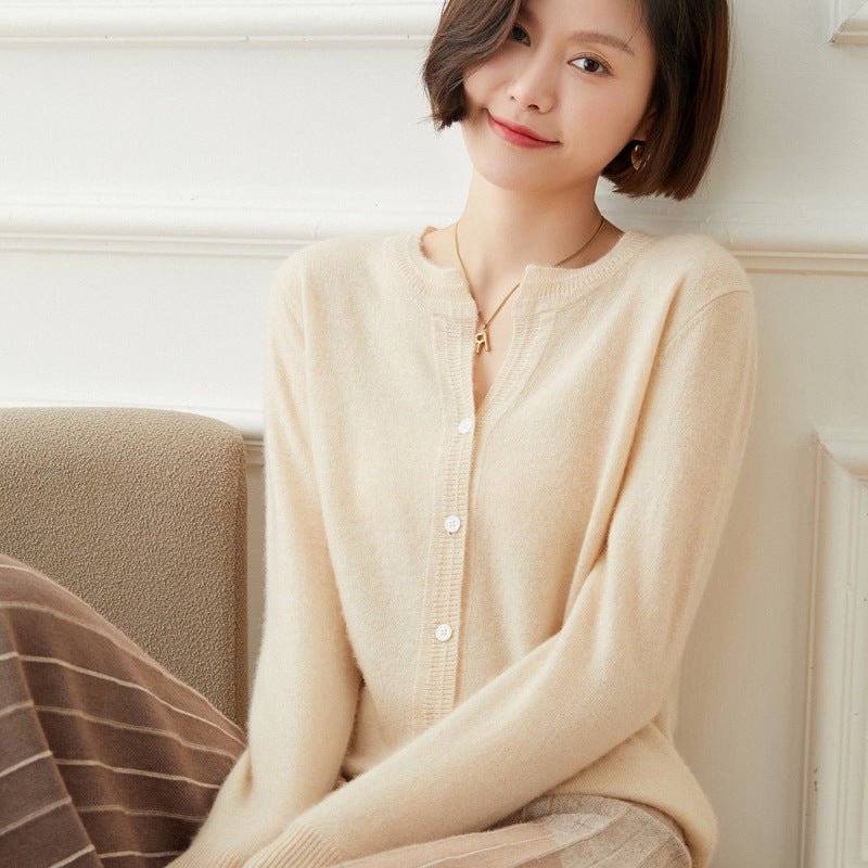 Womens Cashmere Cardigan Crew Neck Long Sleeve Cashmere Coat Pink XS