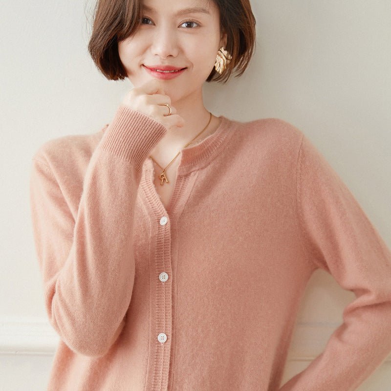 Womens Cashmere Cardigan Crew Neck Long Sleeve Cashmere Coat Pink XS