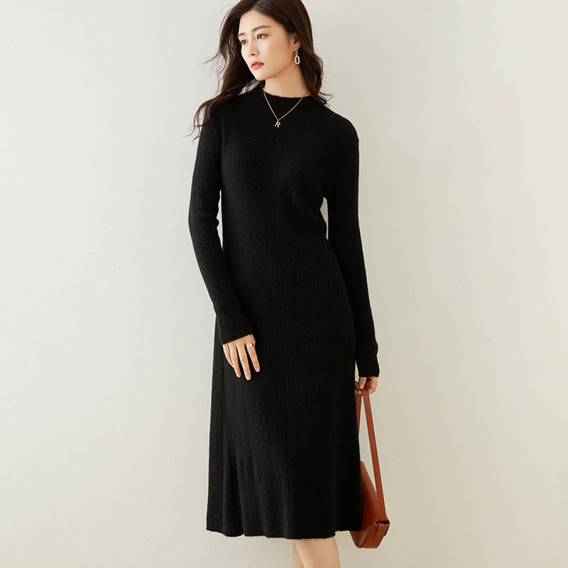 Womens Cashmere Ribbed Knit Midi Dress Long Sleeve Bodycon Mock Neck Black XS