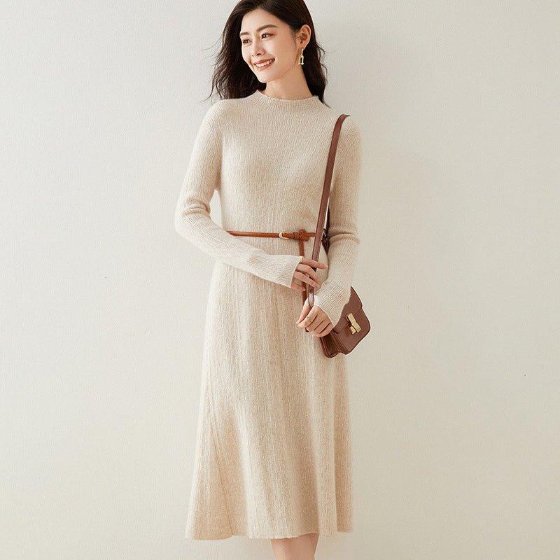 Womens Cashmere Ribbed Knit Midi Dress Long Sleeve Bodycon Mock Neck Beige XS