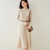 Womens Cashmere Ribbed Knit Midi Dress Long Sleeve Bodycon Mock Neck Beige XS