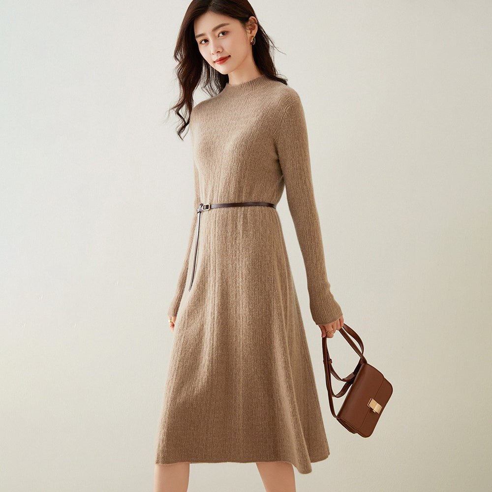 Womens Cashmere Ribbed Knit Midi Dress Long Sleeve Bodycon Mock Neck Taupe XS