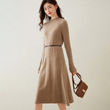 Womens Cashmere Ribbed Knit Midi Dress Long Sleeve Bodycon Mock Neck Taupe XS