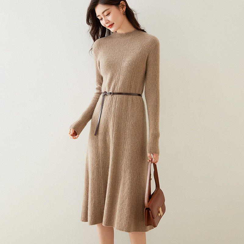 Womens Cashmere Ribbed Knit Midi Dress Long Sleeve Bodycon Mock Neck Taupe XS