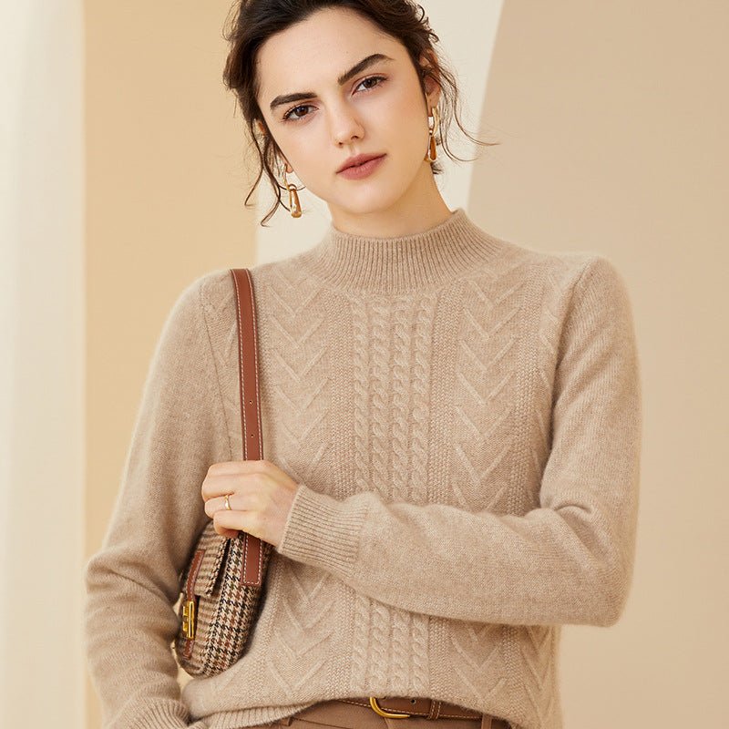 Womens Mock Neck Long Cashmere Sweater Tops Cashmere Blouse Camel XS