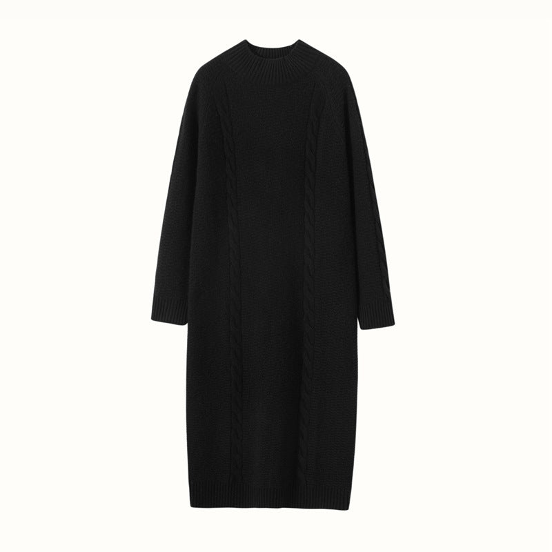 Womens Cashmere Cable Knit Midi Dress Long Sleeve Mock Neck Dress Black XS