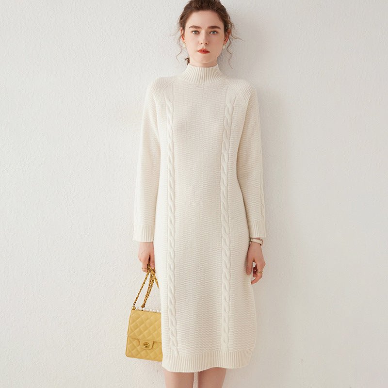 Womens Cashmere Cable Knit Midi Dress Long Sleeve Mock Neck Dress Ivory XS