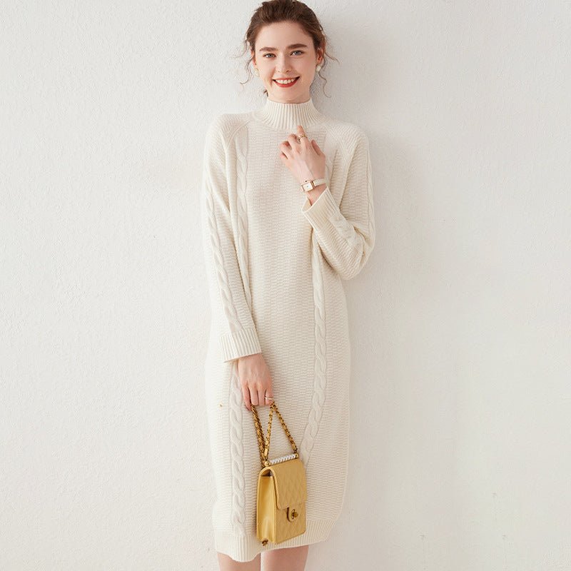 Womens Cashmere Cable Knit Midi Dress Long Sleeve Mock Neck Dress Beige XS