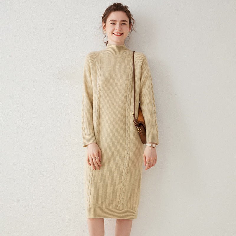 Womens Cashmere Cable Knit Midi Dress Long Sleeve Mock Neck Dress Yellow XS