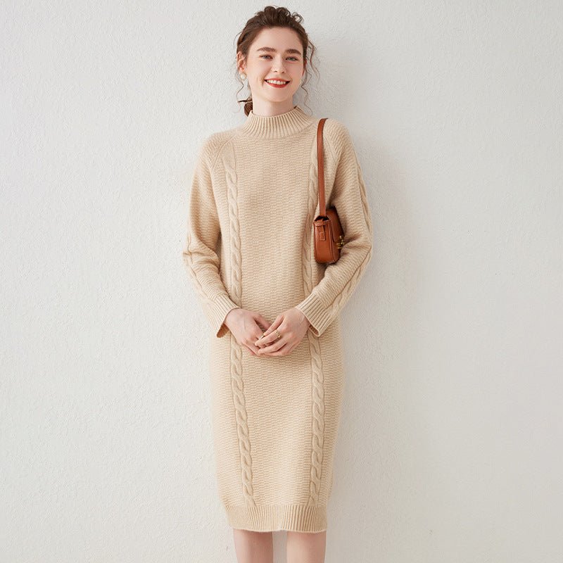Womens Cashmere Cable Knit Midi Dress Long Sleeve Mock Neck Dress Beige XS